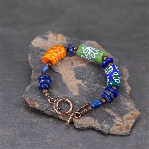 Colorful Krobo Bead Bracelet With Lapis And Kyanite Gemstones Pebbles