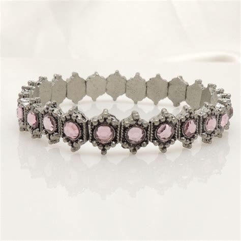 Vintage Pink Rhinestone Stretch Bracelet In Silver Metal Links