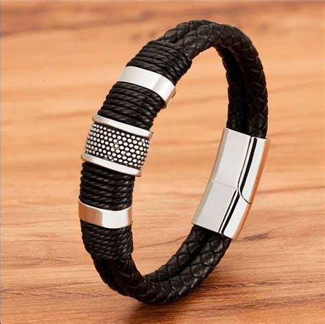 Men S Leather And Stainless Steel Bracelet Etsy