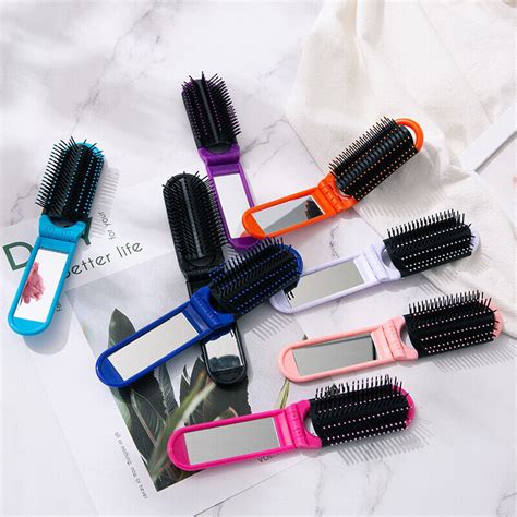 Portable Folding Hair Brush With Mirror Compact Folding Pocket Purse