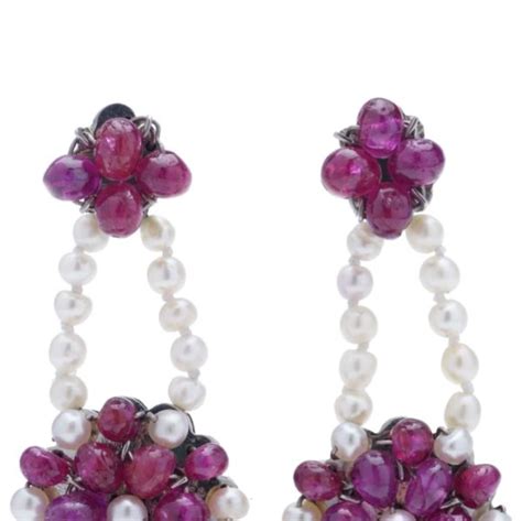 Vintage Burma Ruby And Pearl Flower Cluster Drop Earrings