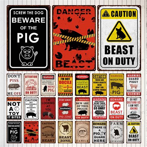 Warning Metal Tin Sign Caution Beast Beware Of The Pig Vintage Plaque