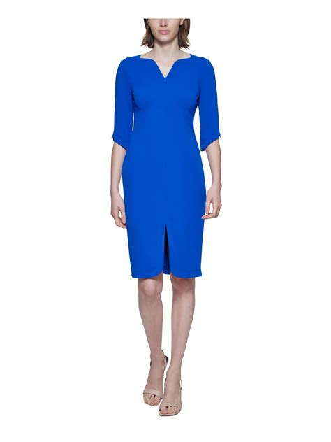 Calvin Klein Womens Blue Zippered Textured 3 4 Sleeve V Neck Midi Wear