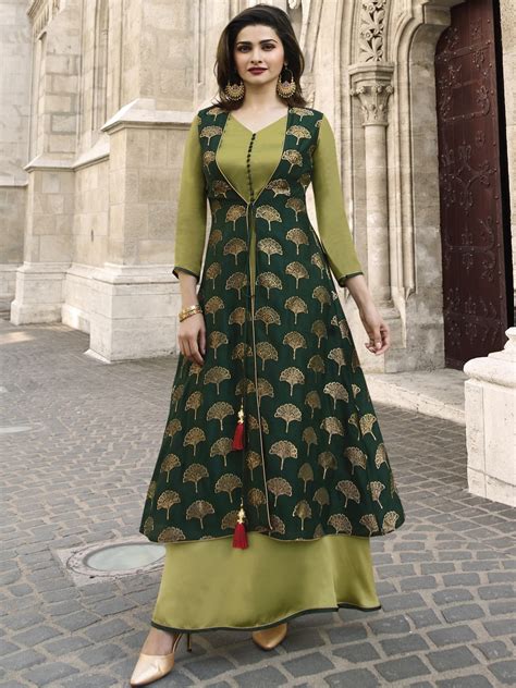 Dark Green Olive Green Color Banarasi Jacquard Satin Fabric Gown