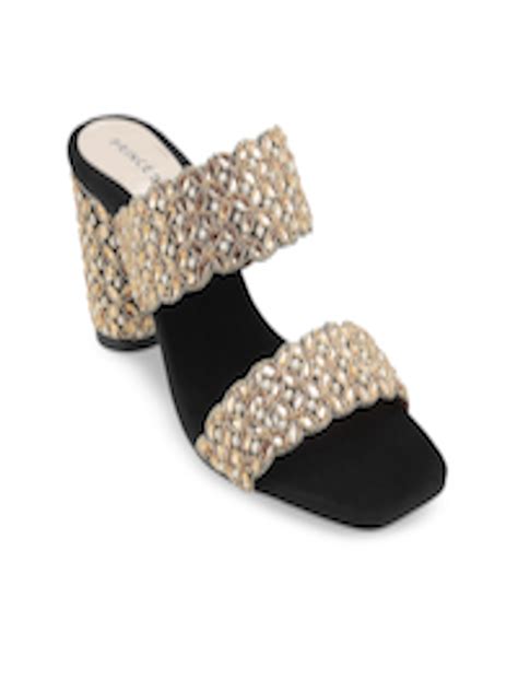 Buy Metro Black And Gold Toned Embellished Block Sandals Heels For Women 18102658 Myntra