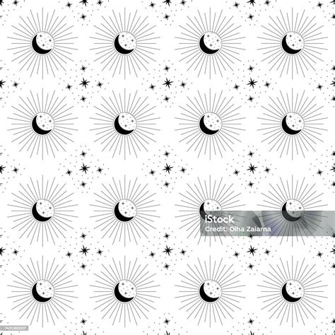 Vector Celestial Seamless Pattern Isolated Linear Blask And White