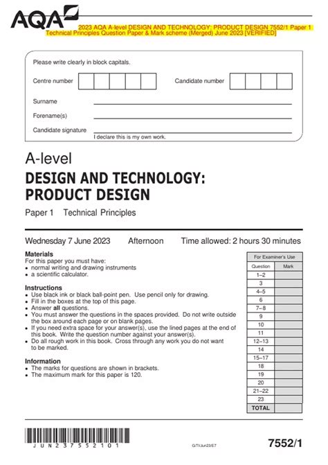 2023 Aqa A Level Design And Technology Product Design 75521 Paper 1