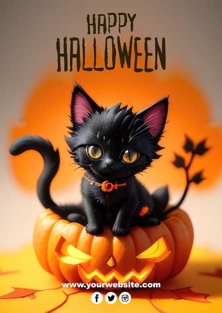 Cartel De Feliz Halloween Diablo Gato Con Calabazas Psd Editable Para