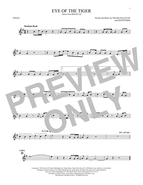 Eye Of The Tiger By Survivor Sheet Music For Violin Solo At Sheet Music