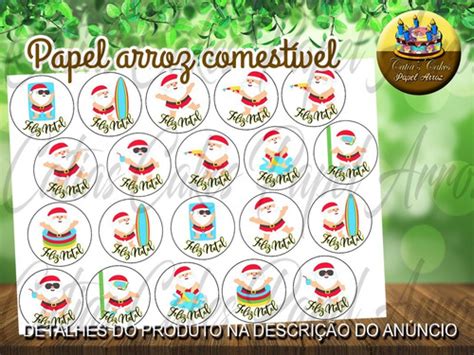 Papel De Arroz 5 Cm Redondo Feliz Natal Papai Noel Tropical