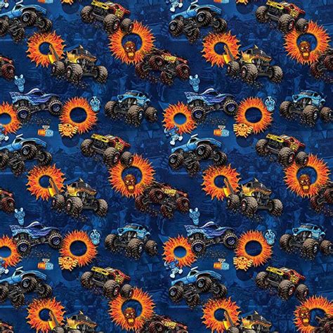 Monster Truck Fabric By The Yard Monster Jam Fire And Ice Navy Etsy