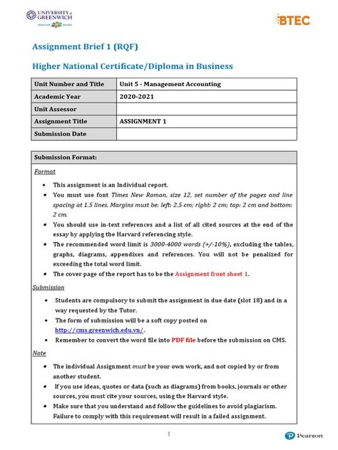 Assignment Brief 1 Rqf Higher National Certificatediploma In