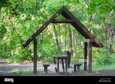 Picnic Place In Forest With Table And Benches Stock Photo Alamy