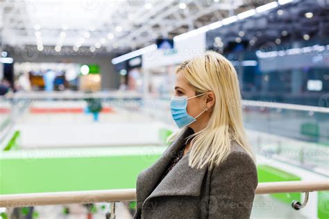 Pretty Women Wearing Mask Protection Dust In Shopping Mall Selective