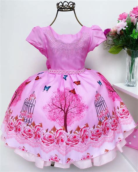 Vestido Infantil Rosa Jardim Encantado Borboletas Rosa Charmosa Atacado