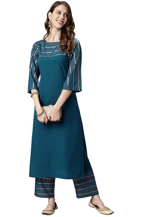 Janasya Women S Teal Poly Crepe Striped Kurta With Palazzo Set Kr Pp