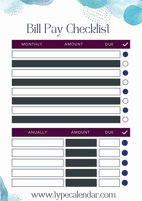 Free Printable Bill Pay Checklist Template And Monthly Word Excel