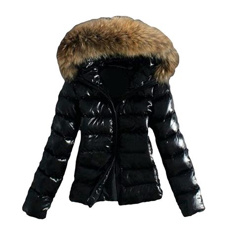 Womens Faux Fur Collar Hooded Zipper Puffer Jacket Coat Winter Warm Outwear New Bright Coat