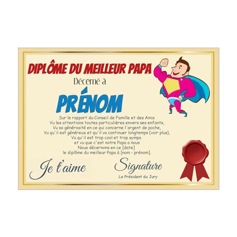 Diplome Meilleur Papa A Imprimer Diplôme Fête des pères super papa