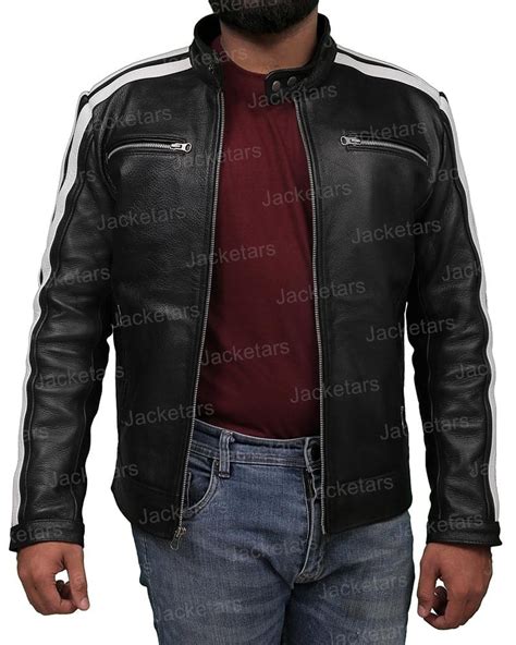 Mens Cafe Racer Black Leather Jacket Mens White Striped Jacket