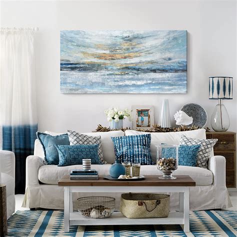 Extra Large Wall Art for Living Room Light Blue Gold Framed Huge Canvas Print Modern Ocean ...