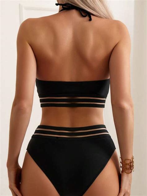 Shein Swim Bae Contrast Mesh Halter Bikini Swimsuit Shein Usa