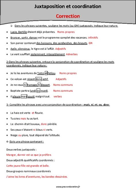 Conjonction Coordination Et Juxtaposition Cm2 Exercices Avec