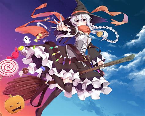 Hd Wallpaper Anime Girl Witch Halloween Pumpkin Braids White Hair Flying Wallpaper Flare