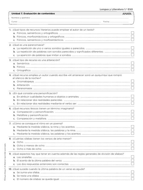 Unidad 7 Evaluación De Contenidos Lengua Y Literatura 1 Eso Pdf Palabra Poesía