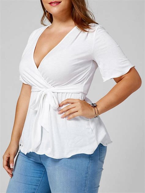 Plus Size Belted Empire Waisted Surplice Blouse White Xl Plus Size