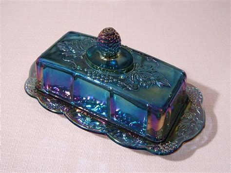 Blue Carnival Glass Harvest Covered Butter Dish