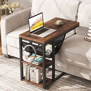 C Shaped Side Table Slide Under Sofa Couch with Wheels Bedside End ...