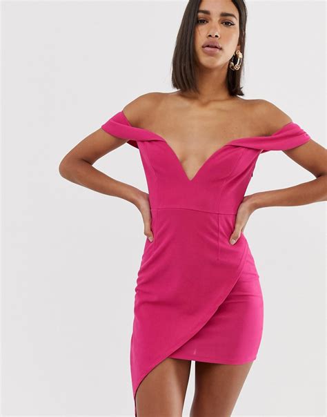 Love Triangle Scuba Bardot Plunge Mini Dress With Asymmetric Wrap Skirt