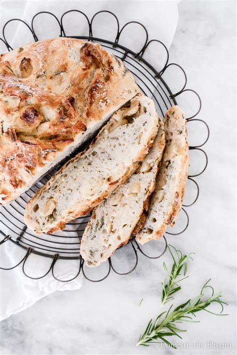 Roasted Garlic Rosemary No Knead Bread Domestically Blissful