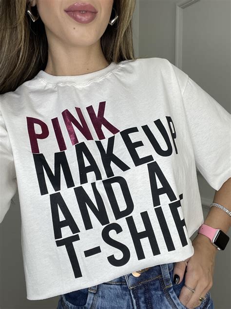 Cropped T Shirt Manguinha Gola Redonda Pink Makeup Off White Lavinny