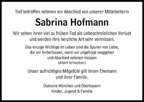 Traueranzeigen Von Sabrina Hofmann Sz Gedenken De