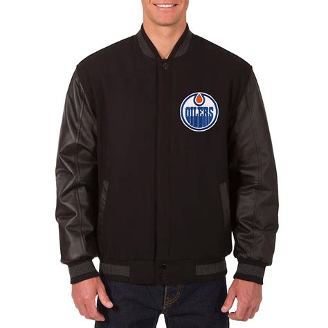 Nhl Woolleather Full Snap Edmonton Oilers Black Varsity Jacket