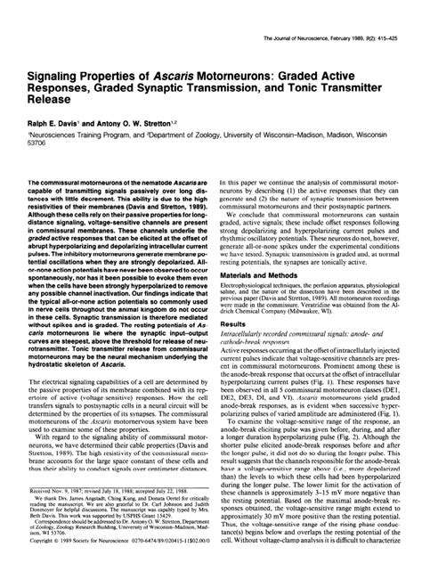 Pdf Signaling Properties Of Ascaris Motoneurons Graded Active