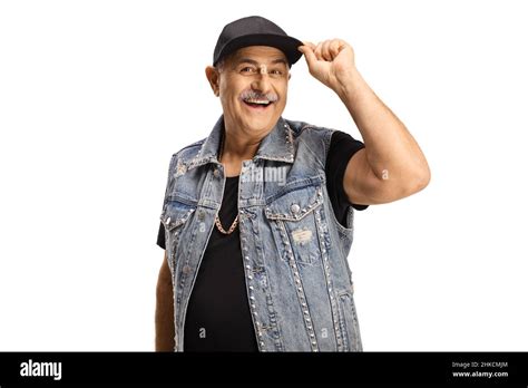 Smiling Trendy Mature Man Holding His Cap Isolated On White Background