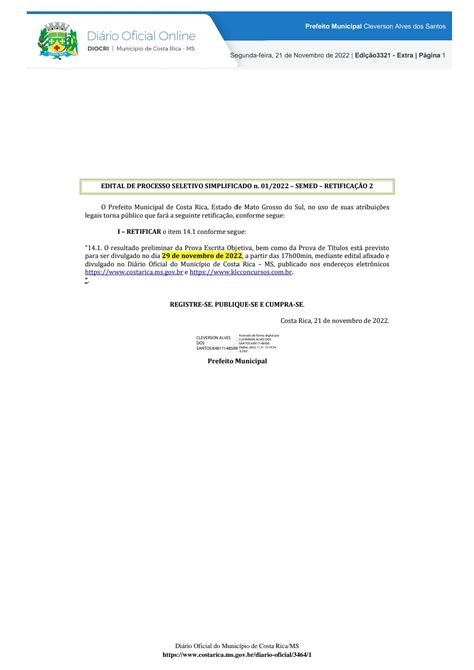 Processo Seletivo Simplificado Nº 001 2022 Semed Costa Rica Ms