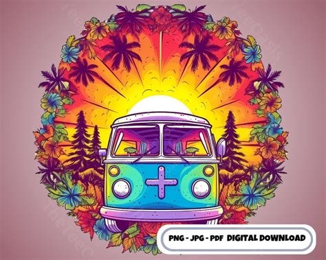 Sunset Retro Van Clip Art Hippie Van Png Hippie Groovy Van Clipart