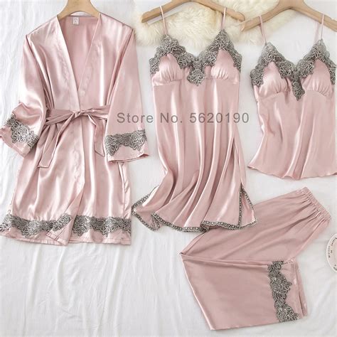 Conjunto De Pijama De Cetim Feminino 4 Peças Roupa De Dormir