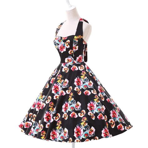 Women Summer Black Dress Audrey Hepburn Floral Retro Vintage 50s Casual