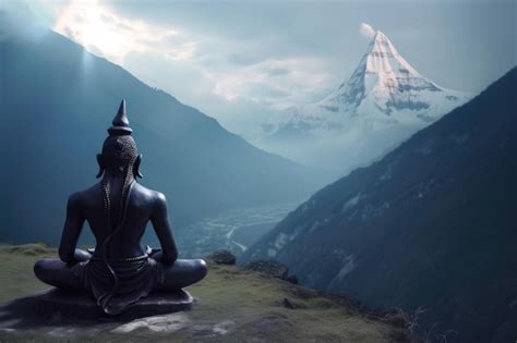 Premium Ai Image A Statue Of A Hindu Monk Sits In Front Of A Mountain