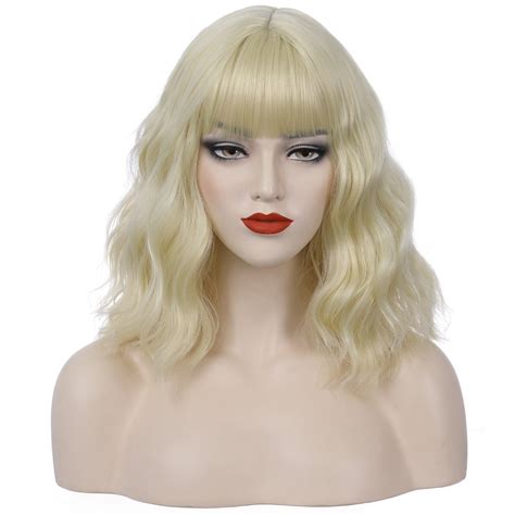 Beron Light Blonde Wigs Short Curly Bob Wig With Bangs Wavy Hair Wigs