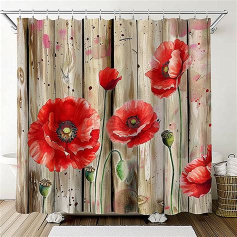 Watercolor Red Poppies Shower Curtain For Farmhouse Bathroom Decor