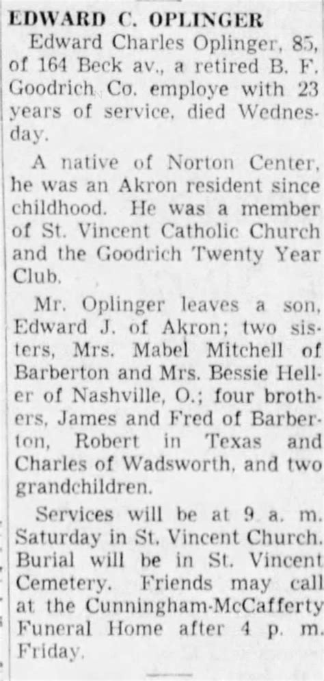 Obituary For Edward Charles Oplinger Aged 8 ™