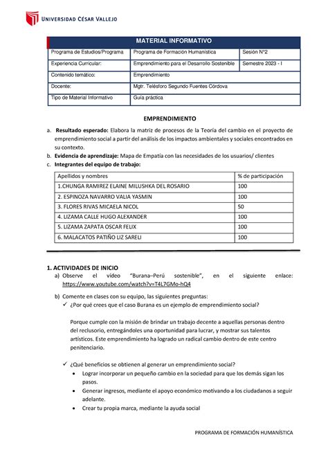 Guía práctica N02 EMPRENDIMIENTO a Resultado esperado Elabora la