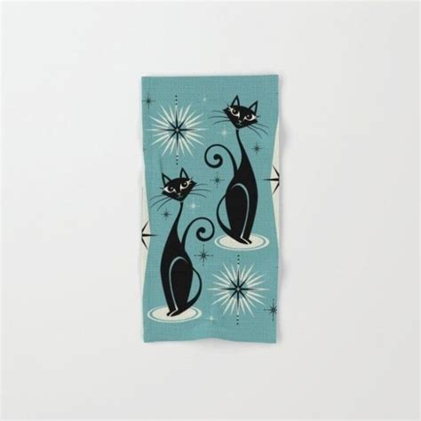 Mid Century Meow Retro Atomic Cats On Blue Hand Bath Towel By