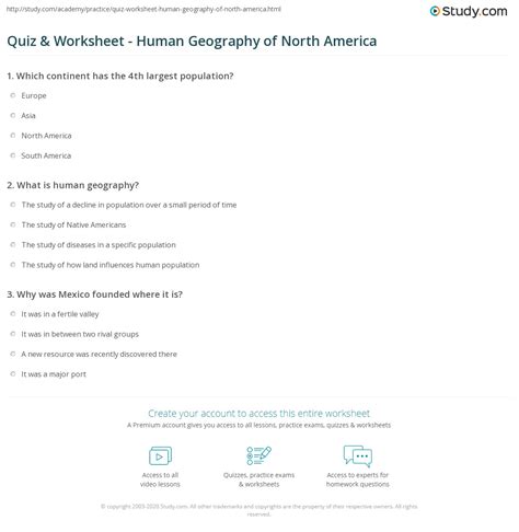 Quiz Worksheet Human Geography Of North America Study